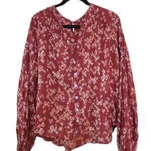 Free People Blouse Batik Print, V-neck with button front sz small long sleeves